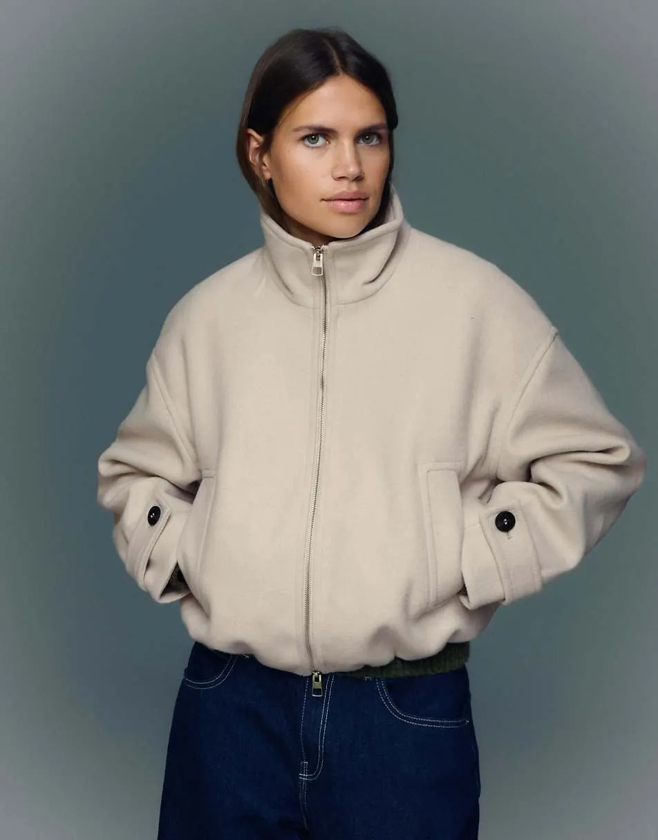 Bershka Soft touch zip-up jacket in beige