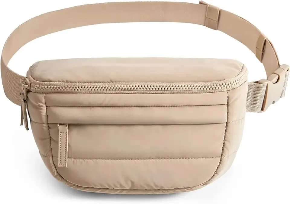 Fanny Packs for Women Two Way Zipper Belt Bag with Adjustable Strap, Puffy Fashion Waist Packs for Traveling Workout, Brown