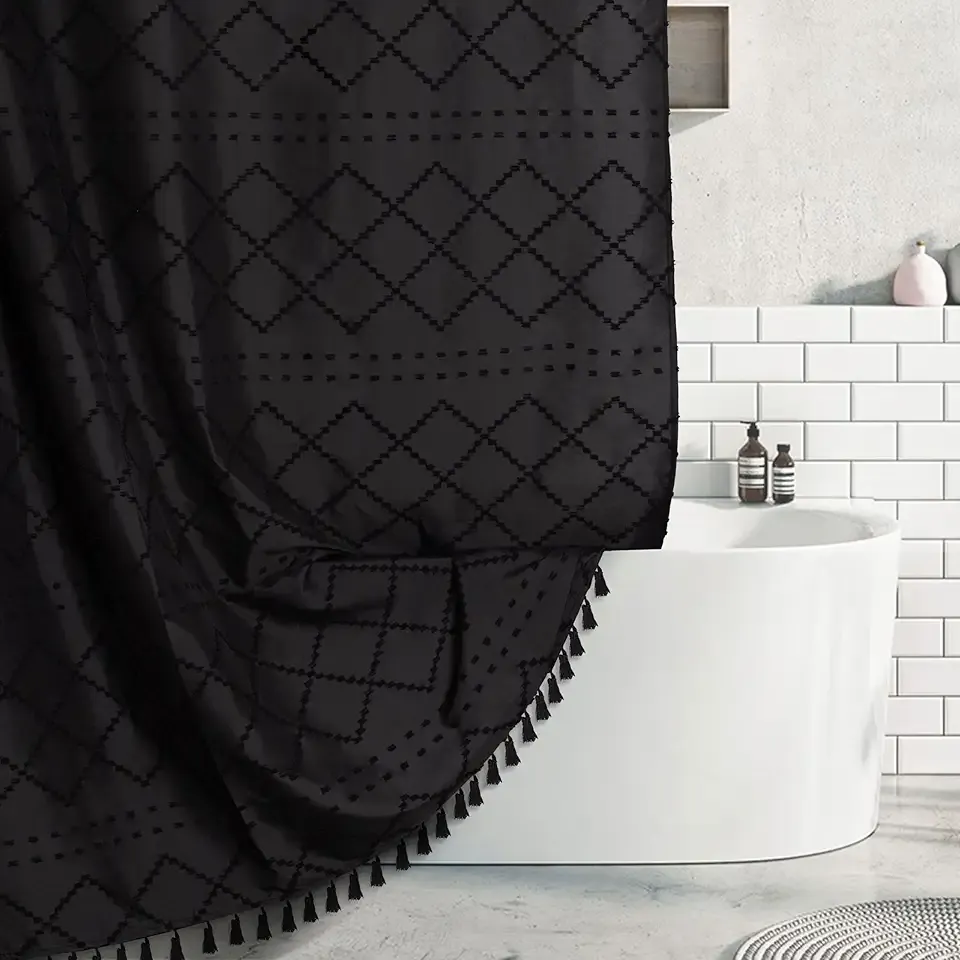 Siiluminisoy Black Shower Curtain Boho Fabric Shower Curtain Black Tufted Texture Striped Modern Farmhouse Shower Curtains for Bathroom, 72 x 72