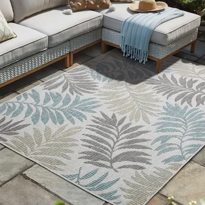 Palm Leaf Loomed Green Rectangular Outdoor Tropical Area rug