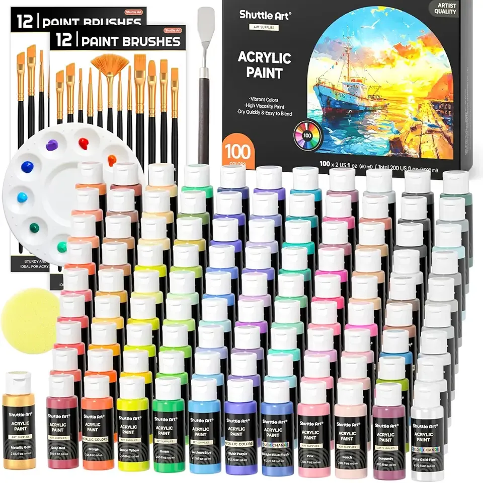 Shuttle Art 100 Colors Acrylic Paint, 2oz/60ml Bottles, Include 2 Sets of 12 Paint Brushes, 1 Art Sponge & Palette, Premium for Artists, Beginners & Kids on Canvas Rocks Wood Ceramic