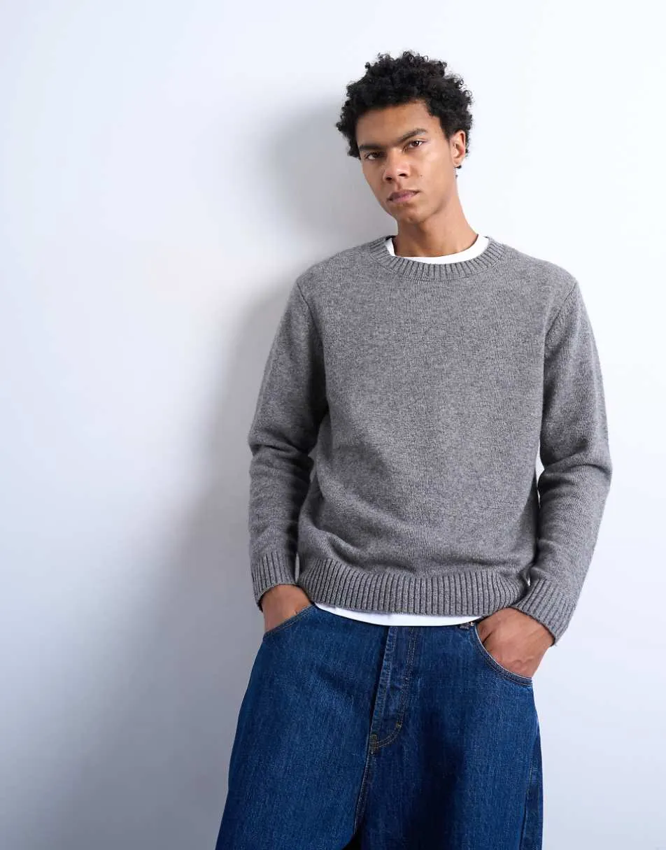 Topman regular fit knitted crew neck jumper with wool in grey
