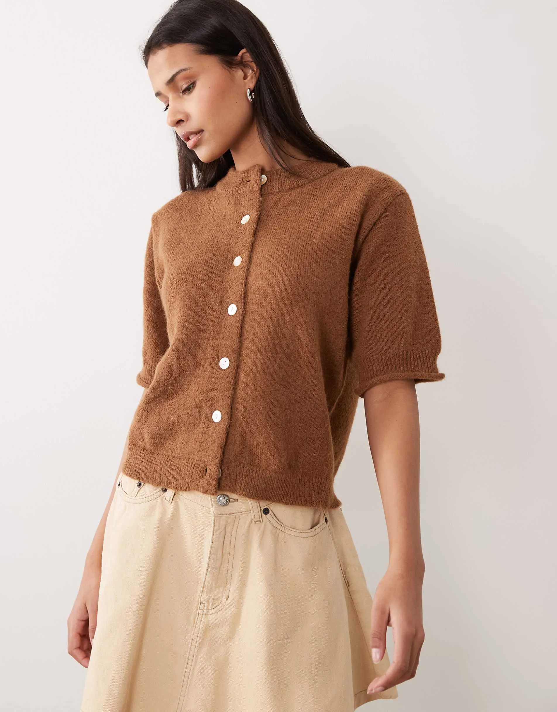 ASOS DESIGN rolled edge short sleeve cardigan in toffee