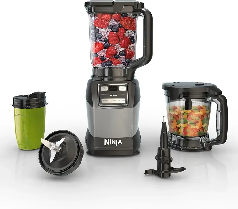 Ninja Blender, Compact Kitchen System, 1200W, 3 Functions for Smoothies, Dough & Frozen Drinks with Auto-IQ, 72-oz.* Blender Pitcher, 40-oz. Processor Bowl & 18-oz. Single-Serve Cup, Grey, AMZ493BRN