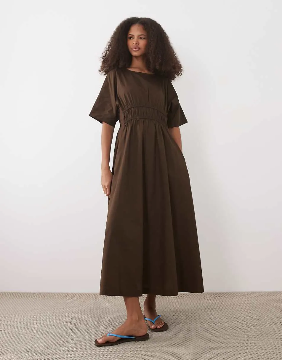 Threadbare poplin short sleeve midi dress in chocolate brown