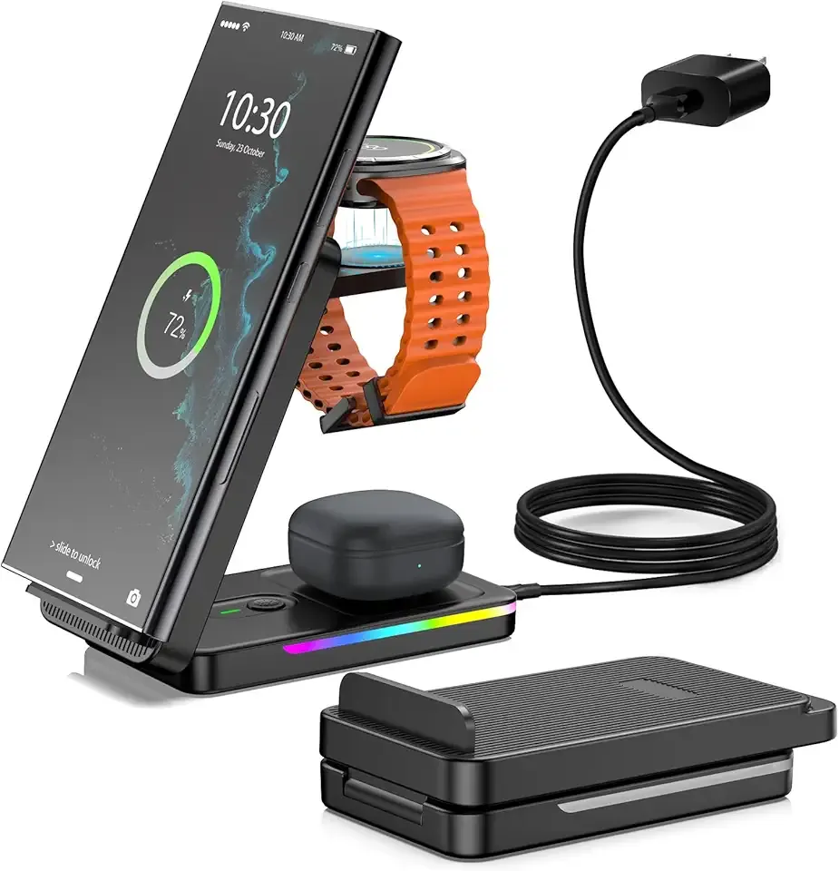 Wireless Charger for Samsung, 3 in 1 Wireless Charging Station for Samsung Galaxy S25 Ultra/Z Fold7/Flip7/S24, Foldable Charger for Samsung Galaxy Watch 8/Ultra/7/6/5, Buds (Black)