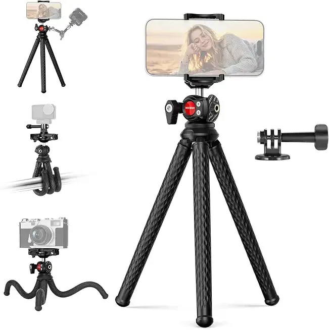 Flexible Phone Tripod, Small Mini Camera Webcam Desk Stand, Phone Holder & Action Camera Mount Adapter Compatible with iPhone GoPro DJI Pocket 4 3 Xtra Muse Insta360 for Video Recording, TP34