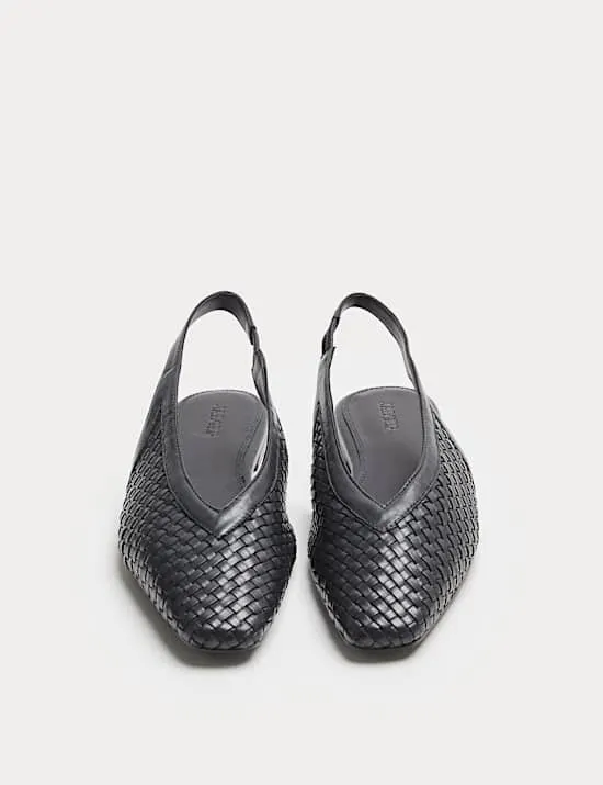 Leather Woven Flat Slingback Shoes