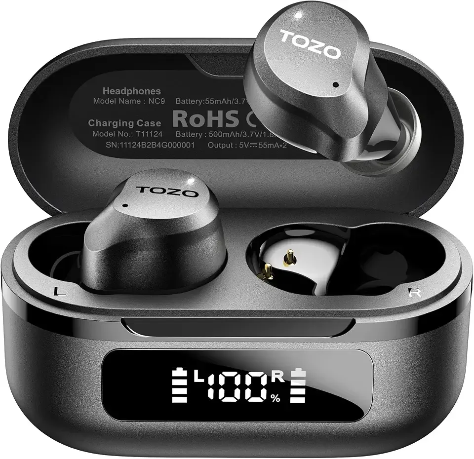 TOZO NC9 Hybrid Active Noise Cancelling Wireless Earbuds, 60H, LED Display | 6 Mic ENC Clear Calls, Deep Bass Sound, IPX8, in Ear Bluetooth 5.3 Headphones,32 EQs via APP, Comfort Fit Ear Buds, Black