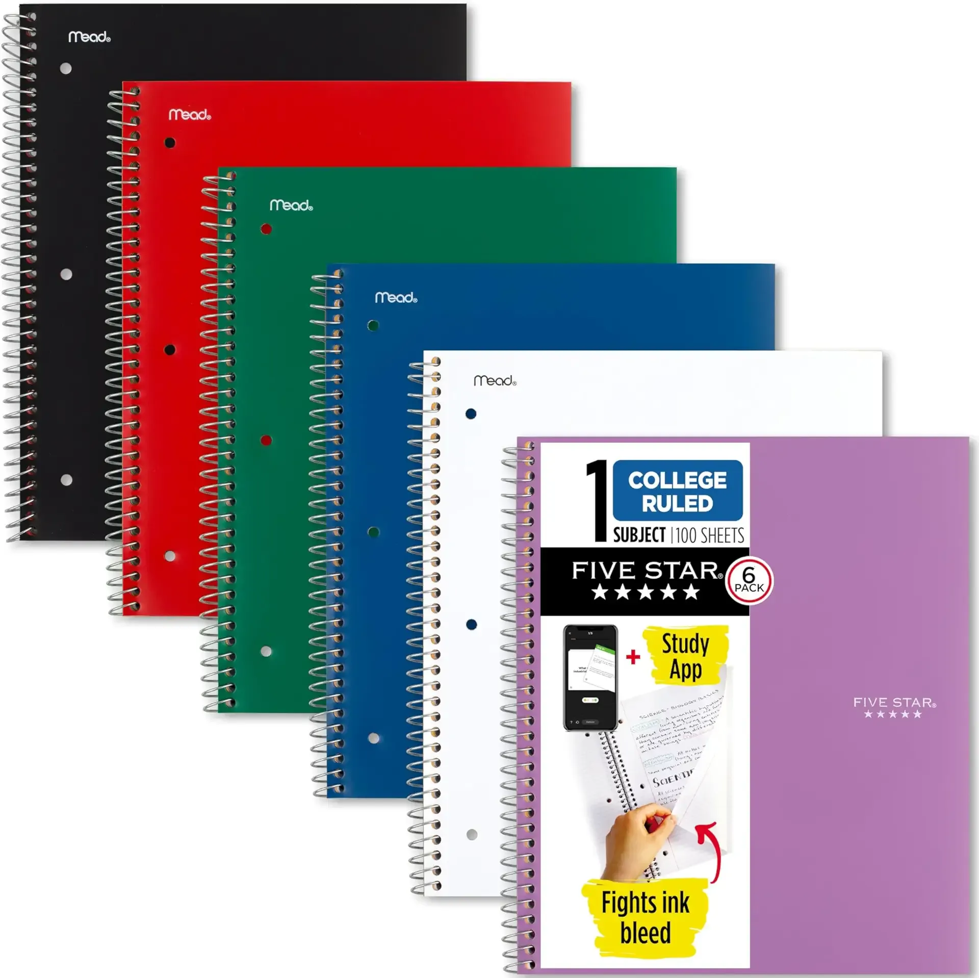 Five Star Spiral Notebook + Study App, 6 Pack, 1 Subject, College Ruled Paper, 8-1/2" x 11", 100 Sheets, Fights Ink Bleed, Water Resistant Cover, Assorted Colors (38052)
