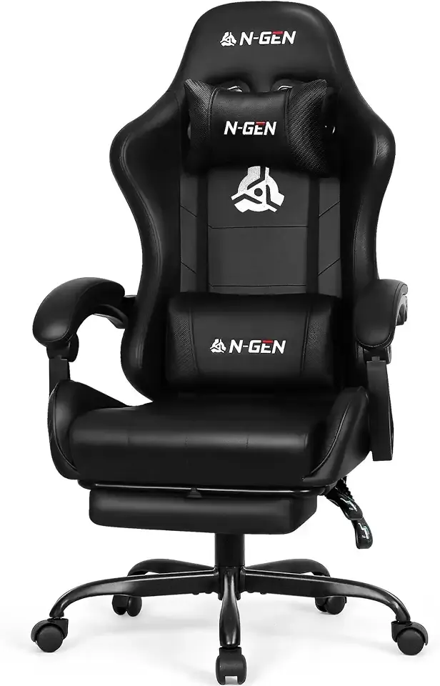 N-GEN GAMING Video Gaming Chair with Footrest Lumbar Support for Home Office High Back Recliner Height Adjustable Ergonomic Comfy Leather Computer Desk Chair (Carbon Black)