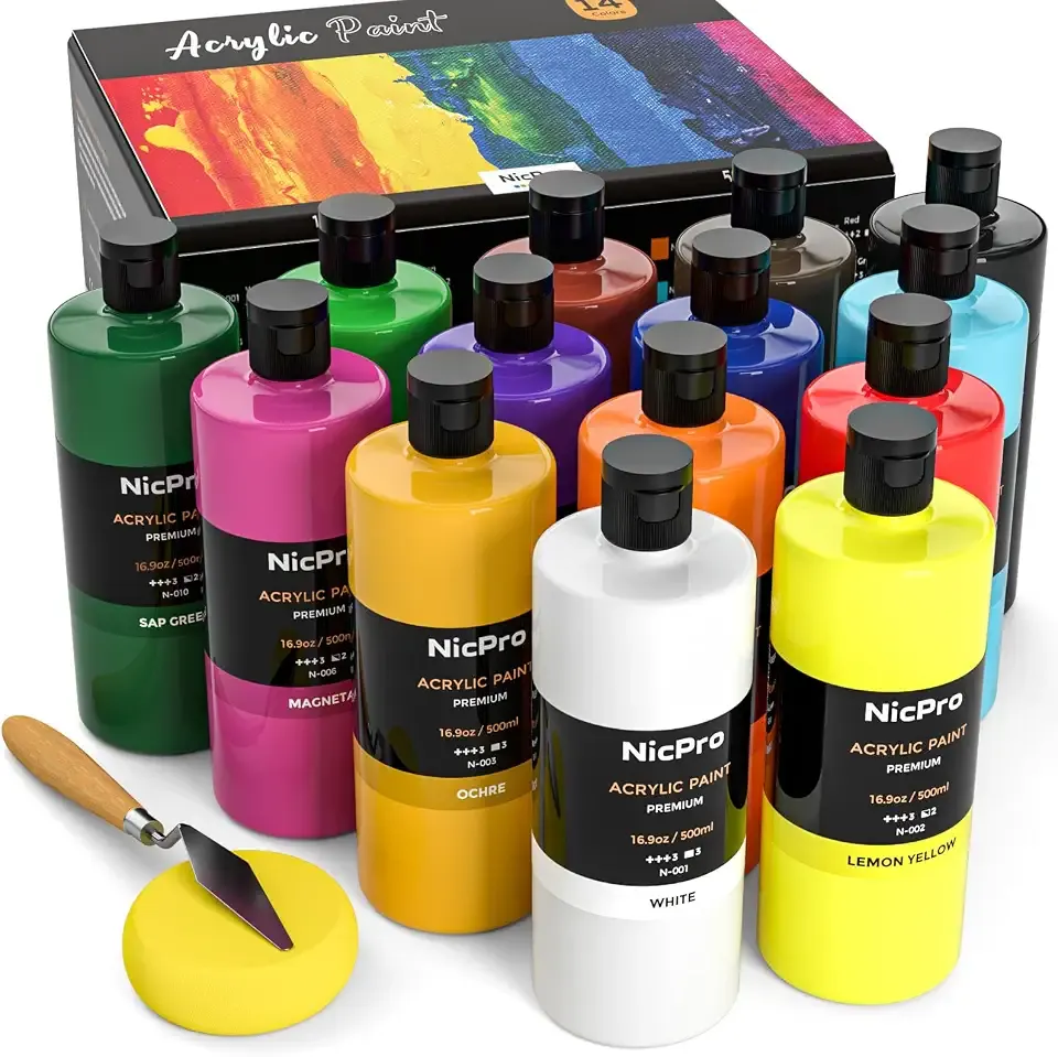 Nicpro 14 Colors Large Bulk Acrylic Paint Set for Artist (16.9 oz, 500 ml) | Rich Art Painting Supplies, Non Toxic for Multi Surface Craft Rock Canvas Wood Ceramic Leather Fabric, for Adult Beginners
