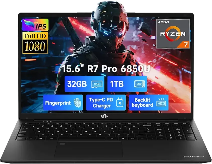 15.6" FHD Light-Gaming-Laptop, 8 Cores AMD Ryzen 7 Pro 6850U 32GB LPDDR5 RAM 1TB SSD (Beat i7-1360P Up to 4.7GHz) GPU AMD Radeon 680M IPS Computer with 100W Type-C Backlit Keyboard Fingerprint