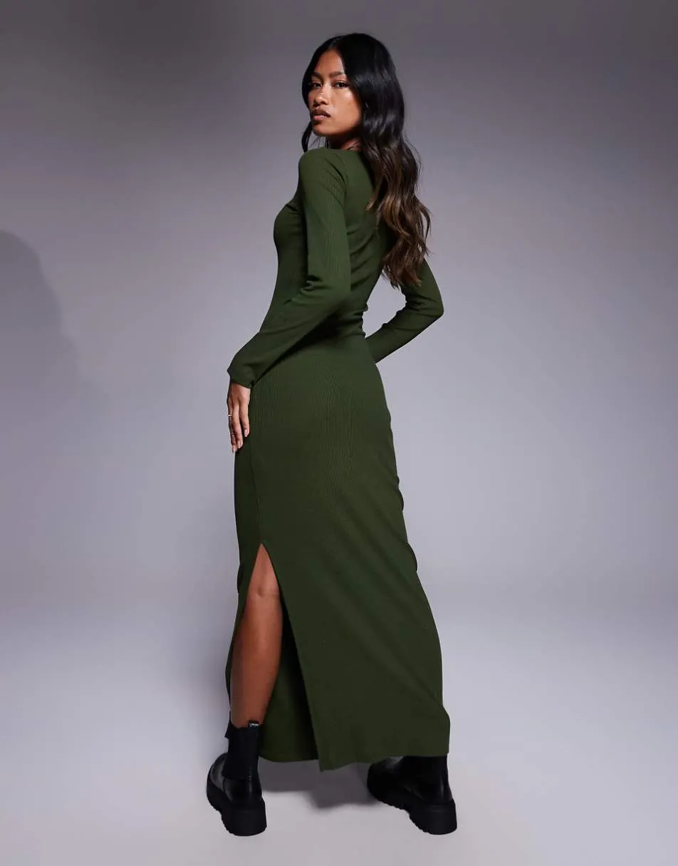 ASOS DESIGN ribbed maxi dress with split in khaki