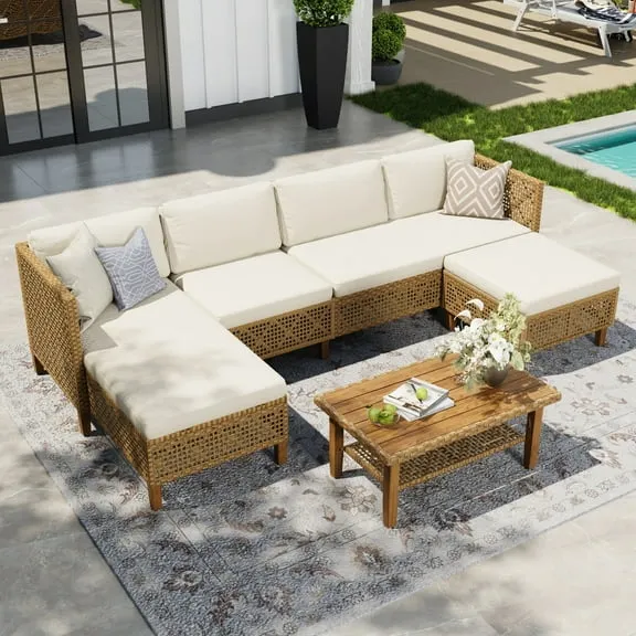 Alpha Joy 5 Pieces Wicker Patio Furniture Conversation Set Boho Style Outdoor Sofa with Wood Coffee Table