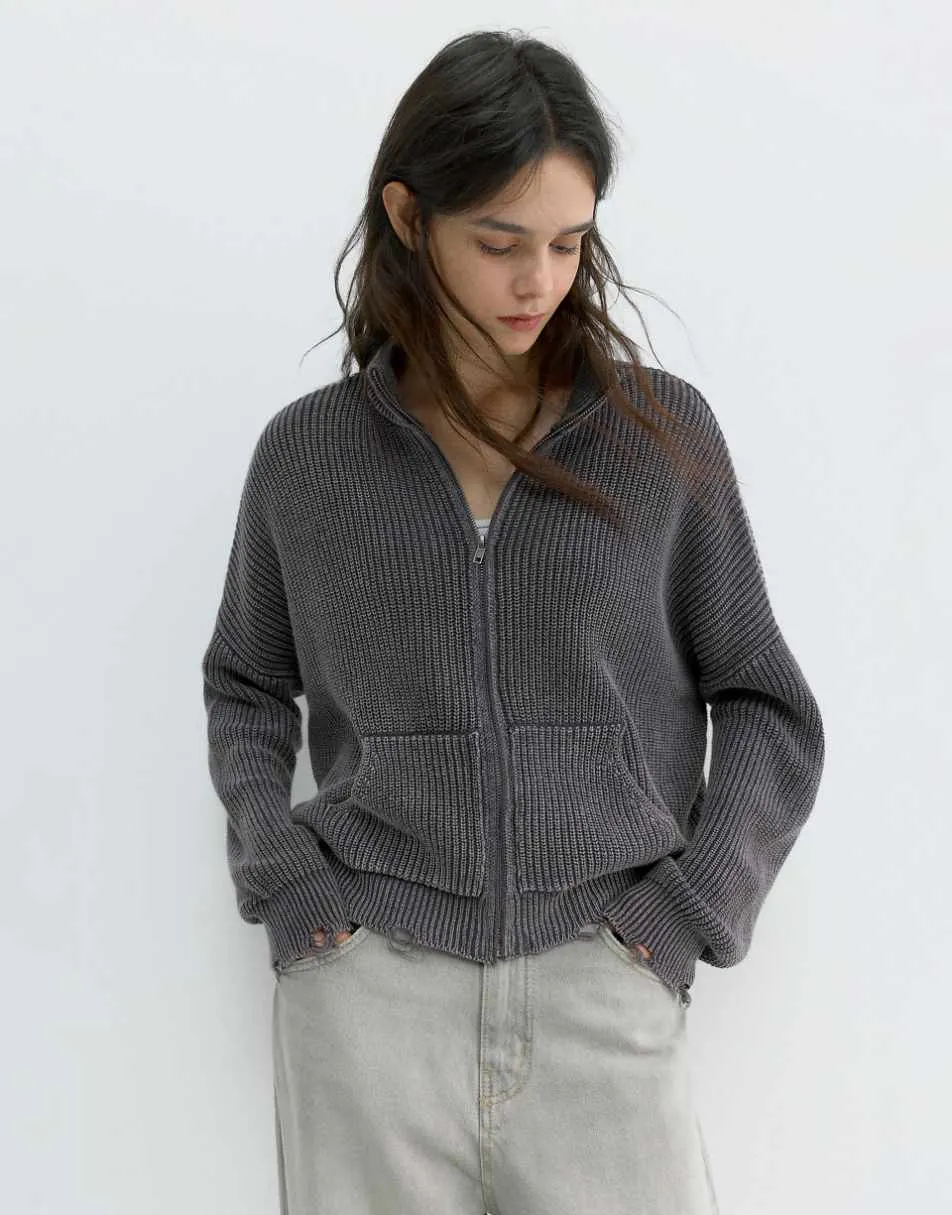Pull&Bear Ripped zip-up cardigan in faded black