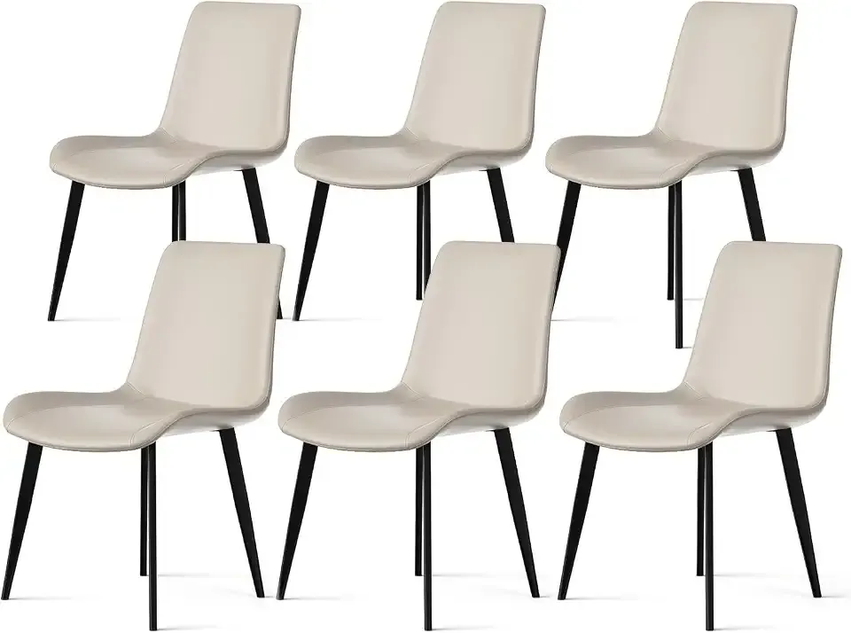 Dining Chairs Set of 6, Modern Kitchen Chairs with PU Leather, Sponge Cushion Seat, Sturdy Metal Legs, Armless Design for Dining Room Kitchen Living Room Apartment, Beige