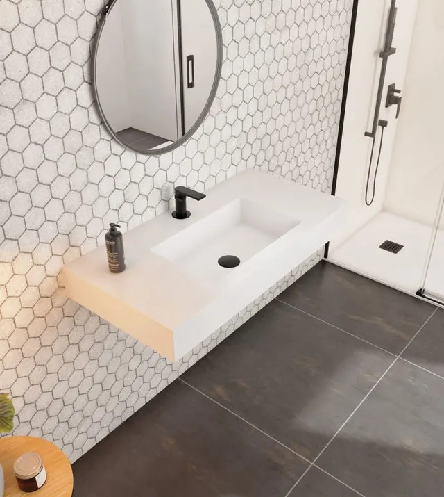 Lavabo suspendido de resina blanco 80 x 46,5 x 12 cm - Encimera para baño con orificio para grifo - Lavabo colgante de resina - Lavabo rectangular