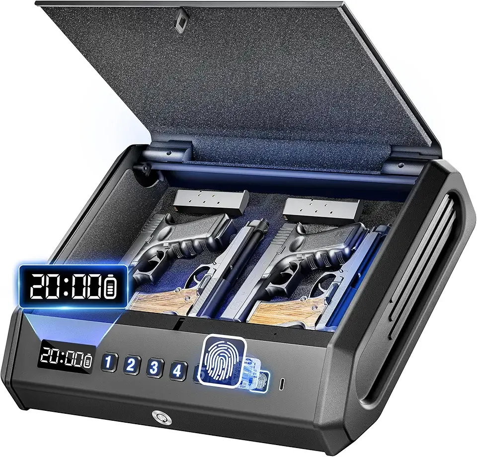 Large Biometric Gun Safe fits 4 pistols, 100 Sets of Fingerprint Handgun Safe with Internal Light & Silent Mode, Emergency Power Supply Gun Lock Box for Home Bedroom Bedside Nightstand and Car TOPMEDA