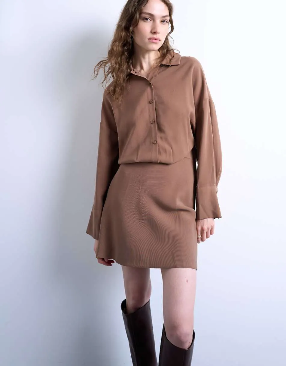 Topshop waisted micro mini shirt dress in brown cupro
