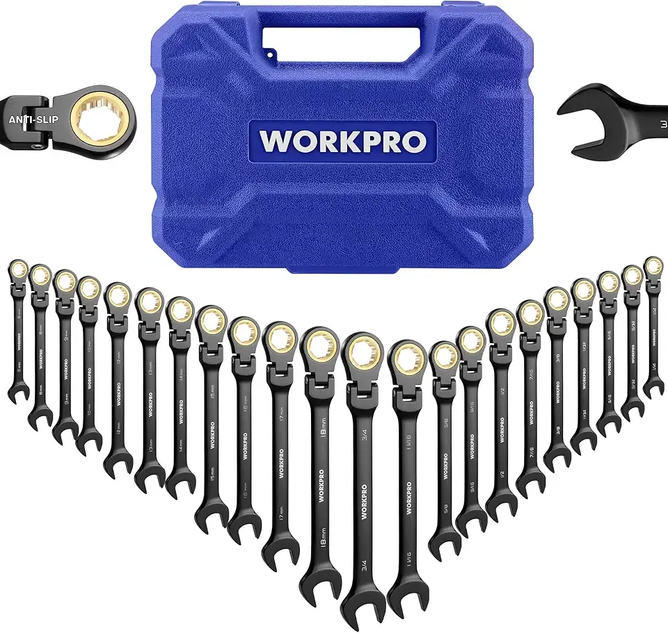 WORKPRO 22-piece Ratcheting Wrench Set with 180° Flex Head, Anti-Slip Tooth, Combination Wrench Sets with Organizer Box, Metric 6-18mm & SAE 1/4-3/4", Black Electrophoretic Coating