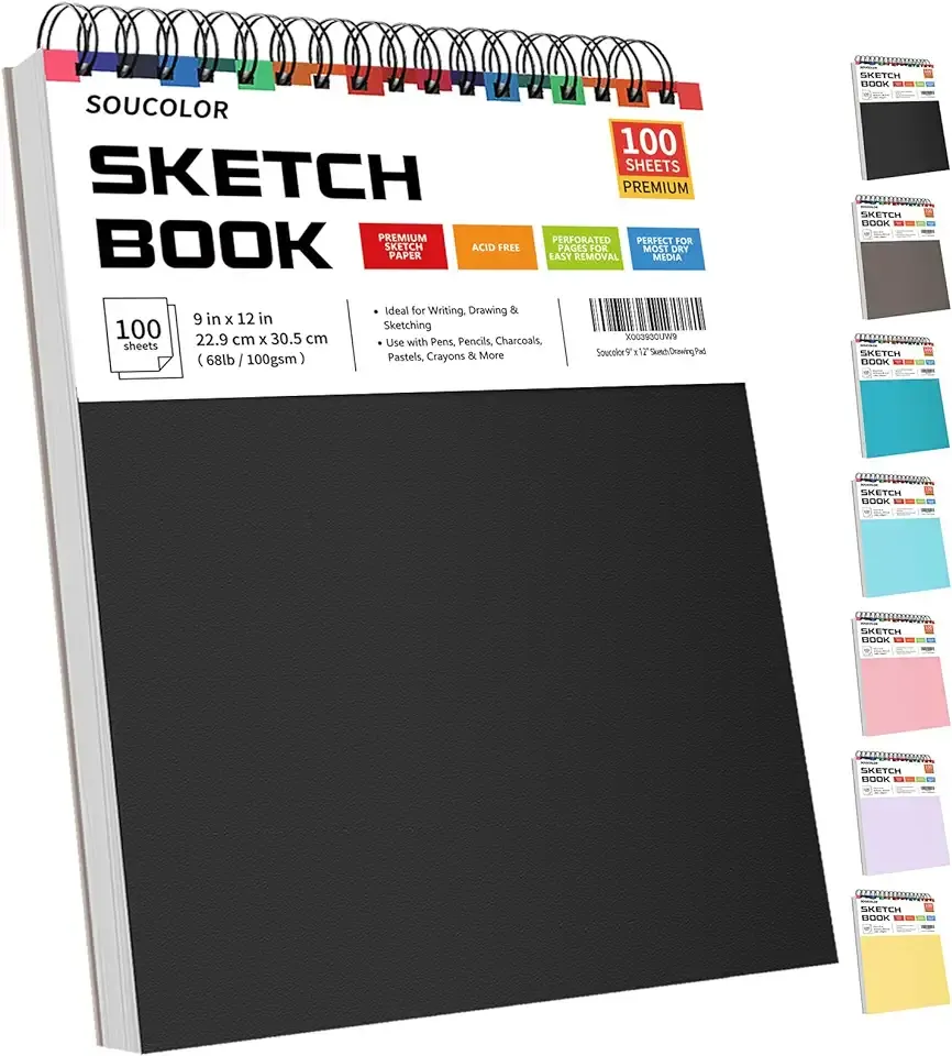 Soucolor 9" x 12" Sketch Book, 100 Sheets Top Spiral Bound Sketchbook with Acid-Free 68lb/100gsm Drawing Paper, Art Sketch Pad for Kids, Adults & Artist, Professional Art Supplies for Beginners