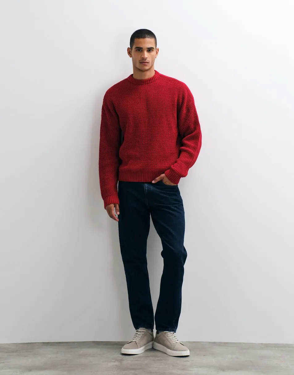 ASOS DESIGN oversized chunky waffle knitted jumper in burgundy