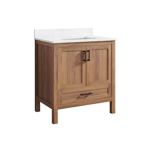 Ellia 30-inch W x 20-inch D 2-Door & 1-Drawer Natural Wood Bathroom Vanity Single Undermount Sink With Engineered Carrera White Stone Top