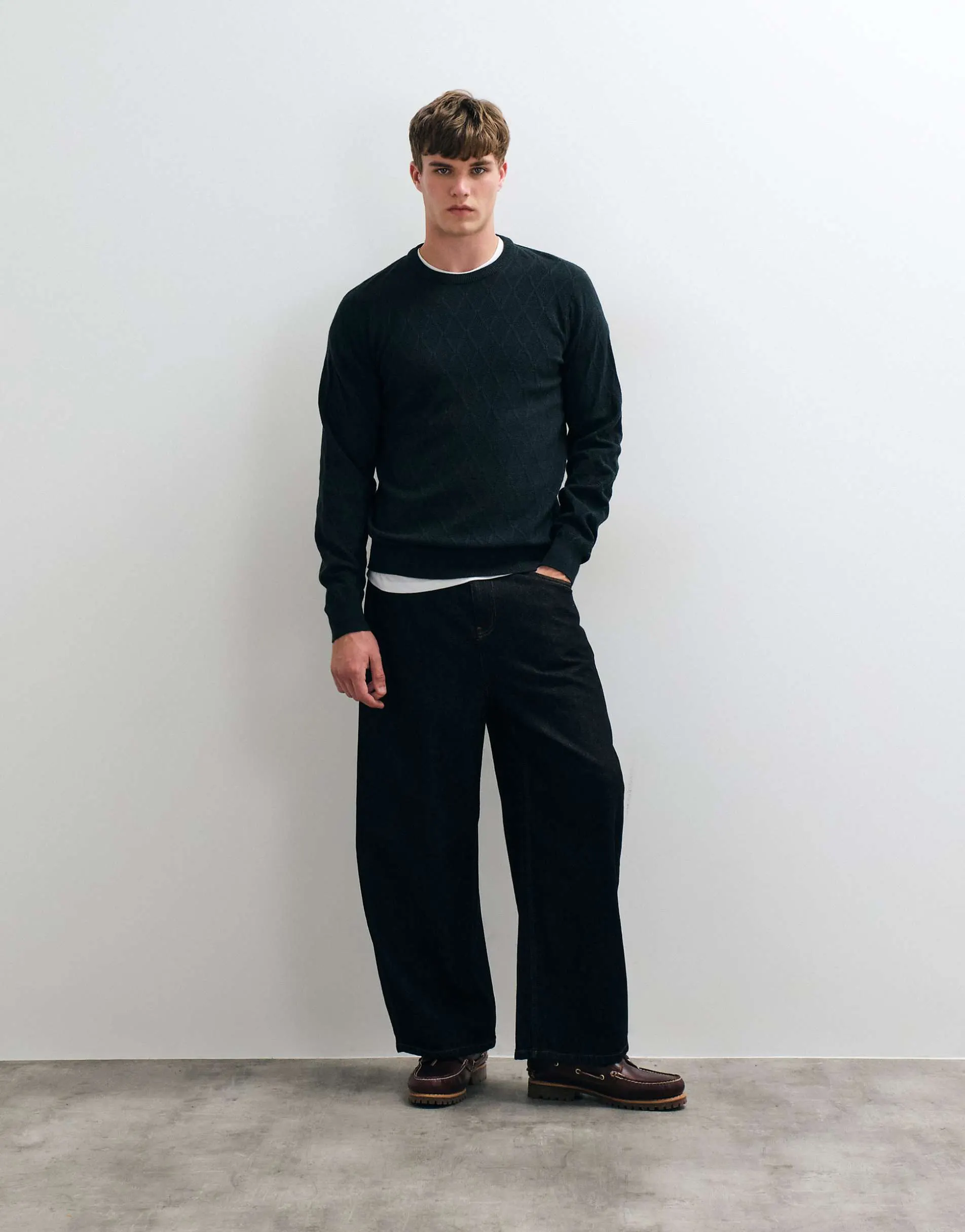 Threadbare textured knitted crew neck jumper in dark green