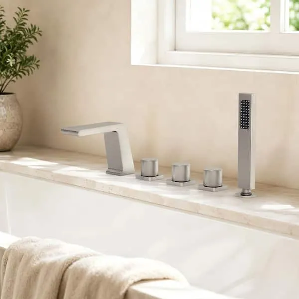 EVERSTEIN 3-Handle Minimalist Tub Deck Mount Roman Tub Faucet with Hand Shower in Brushed Nickel