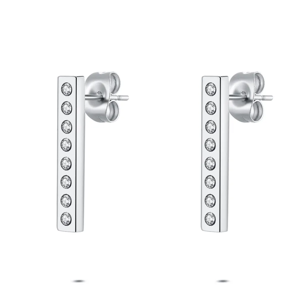 Oorbel in edelstaal, rechte lijn met zirkonia