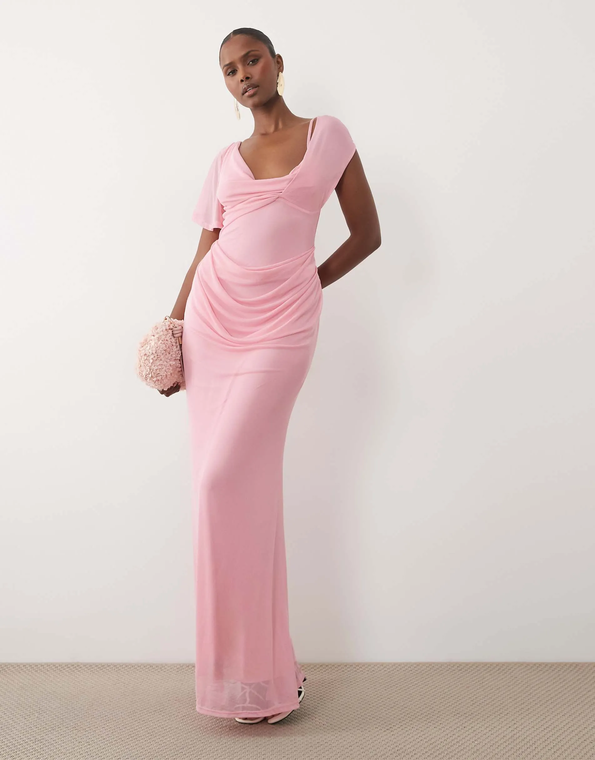ASOS DESIGN mesh draped asymmetric sleeve maxi dress in pink