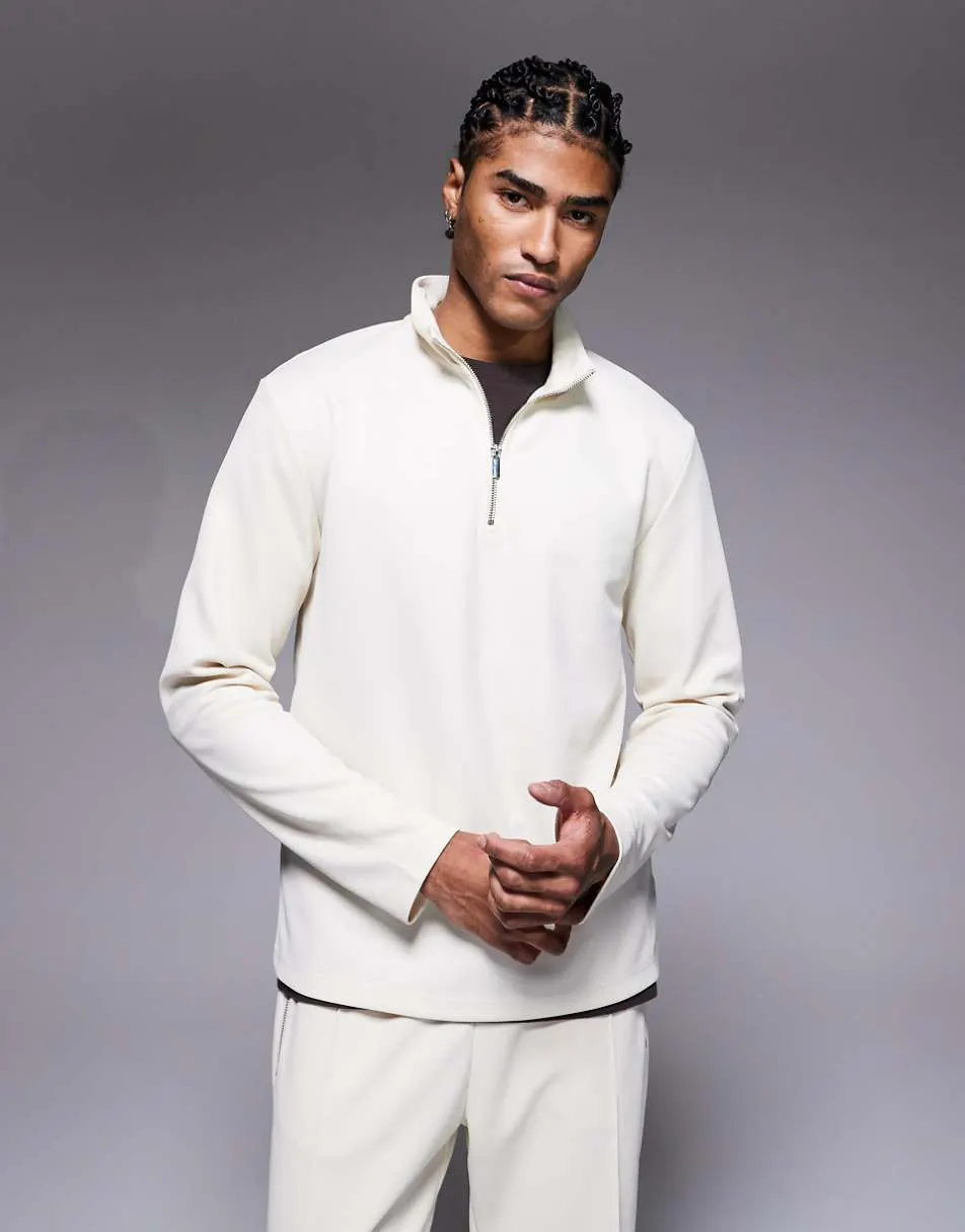 River Island premium textured 1/4 zip top in ecru (part of a set)
