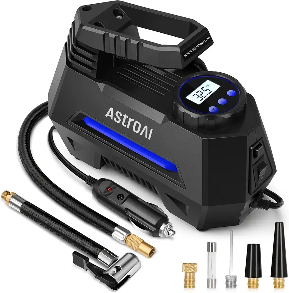 AstroAI Tire Inflator Portable Air Compressor Air Pump for Car Tires-Car Accessories, 9.8Ft Cord-12V DC-Powered Auto Pump with Digital Pressure Gauge, Emergency LED Light for Bicycle, Balloons, Blue