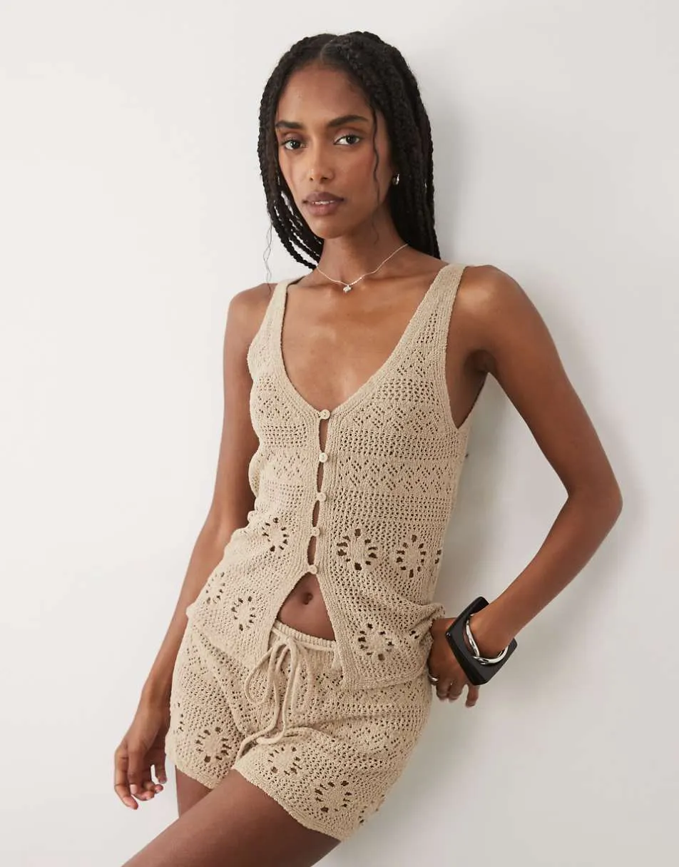 Mango Casito knitted button front sleeveless top co-ord in beige