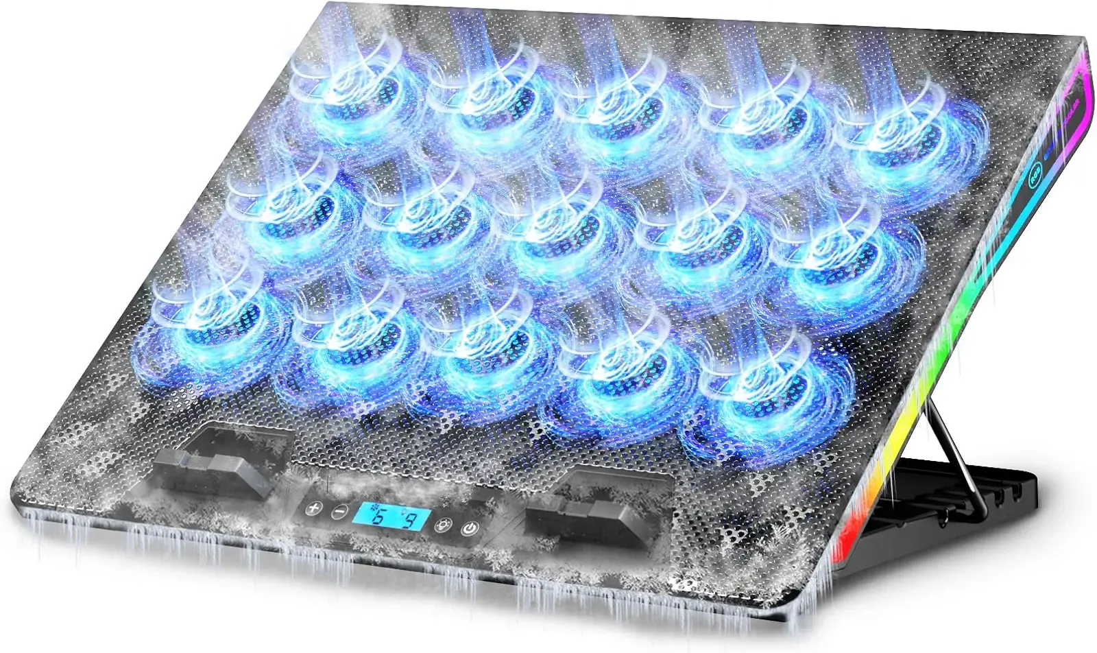 AICHESON Gaming Laptop Cooling Pad with 15 Cooler Fans, RGB Ultimate Computer Stand Base with Silent Fans for 15-18 Inch Laptops, Blue LED Lights