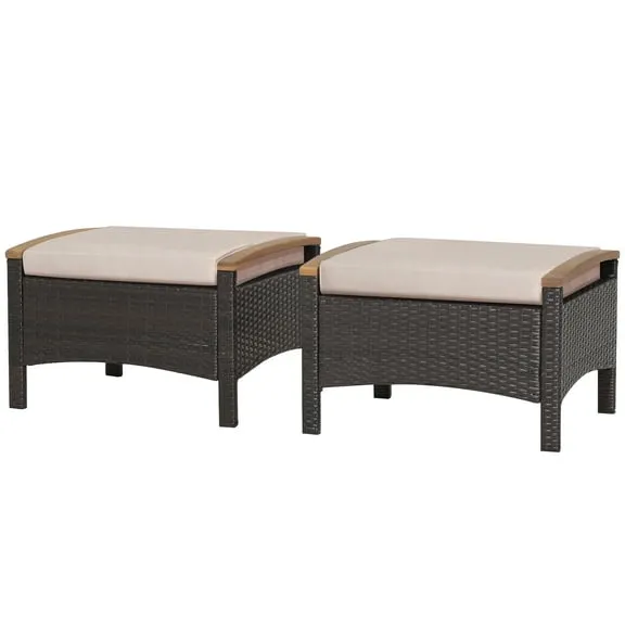 BLACK JAGUAR Outdoor PE Wicker Ottoman Set of 2 Patio Rattan Footrest Seat with Soft Cushions & Curved Acacia Wood Handles Beige $109.99 $3.83/ea