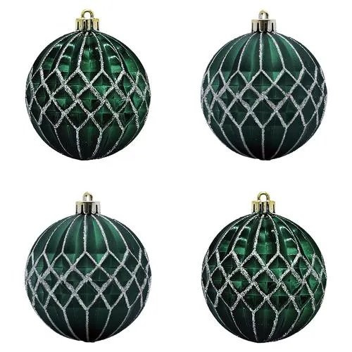 Enchanted Forest® 80mm Dark Green Glittered Gem Cut Shatterproof Ornaments - 4 Pack