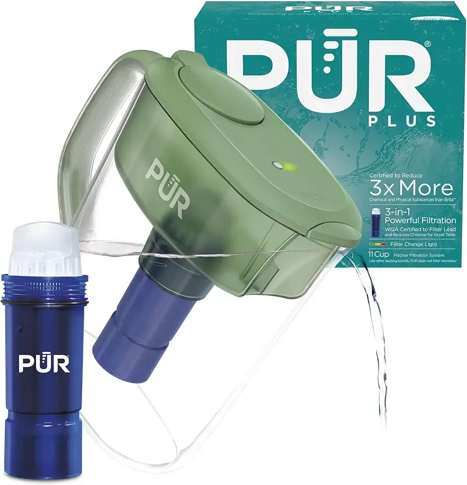 PUR Plus 11-Cup Water Pitcher, 1 Lead-Reducing Filter, Cleaner, Great-Tasting Water, Dishwasher Safe, Powerful Filtration, Filter Change Light Indicator, LockFit Cap Design - Sage