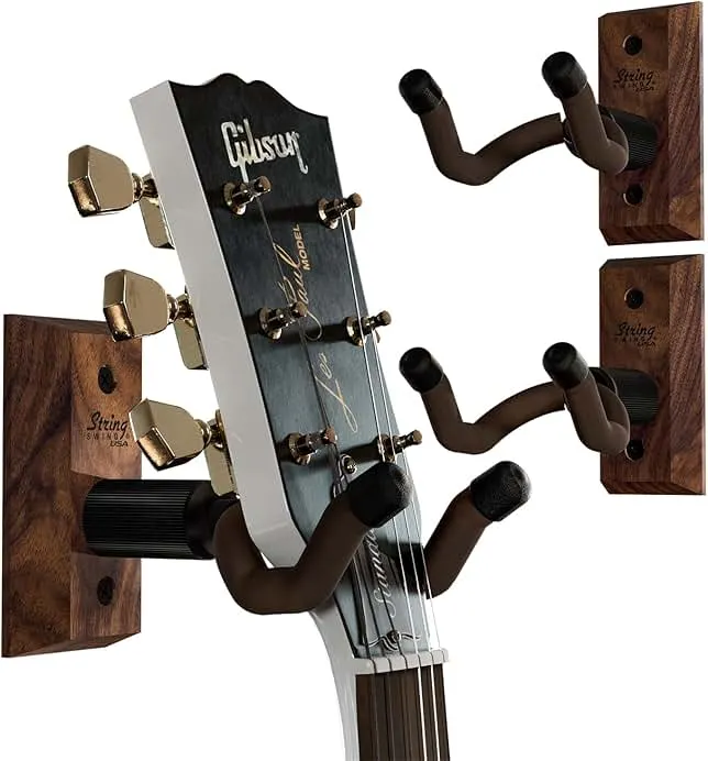 String Swing Guitar Wall Mount 3 Pack, Hangers, Holder Hook for Wall, Fits All Size Acoustic, Electric, Bass - Black Walnut Hardwood, Made in USA