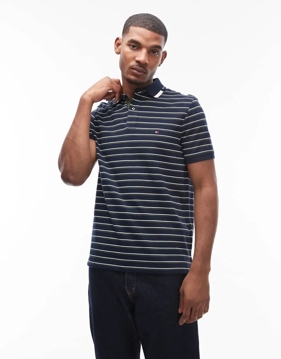 Tommy Hilfiger stripe polo shirt with chest logo in navy and white
