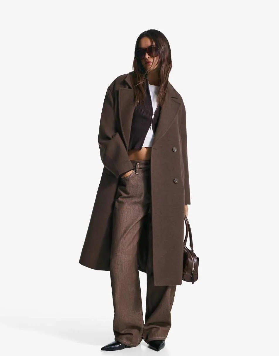 Bershka Long drop-shoulder coat in brown