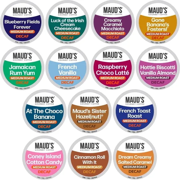 Maud's Flavored Decaf Coffee Pods Variety Pack, 80 ct,14 Assorted Roasts & Flavors, Decaf Medium Roast Coffee in Single Serve Pods - 100% Arabica Coffee, Compatible with Keurig K Cups Make