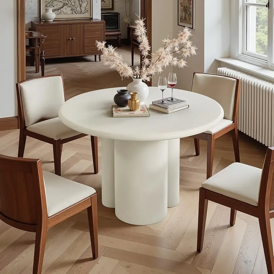 44.9" Modern Round Dining Table for 4-6, 2" Thickened Matte Concrete Tabletop & Unique Cloud-Shaped Pedestal, Circle Kitchen Table for Dining Room Apartment, Easy Assembly & Clean (White, Only Table)