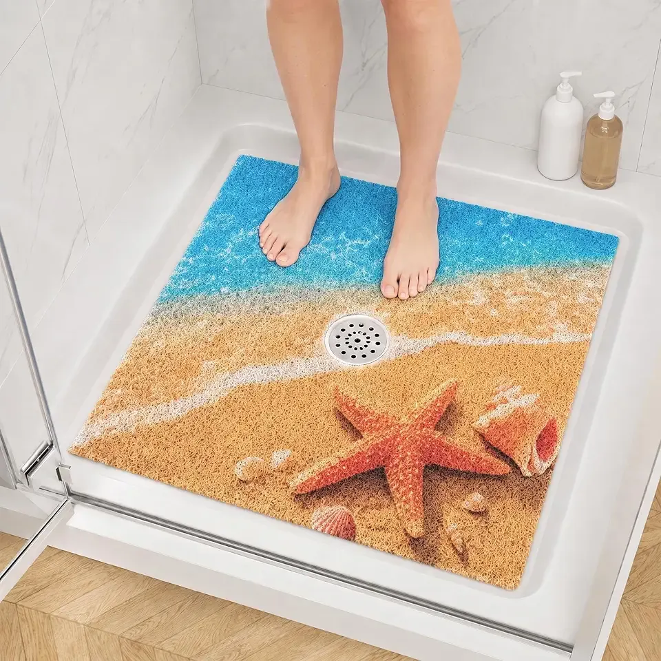Large Square Shower Mat Non Slip with Central Drain Hole 36"x36" | Quick Drying Soft Trimmable PVC Loofah Bathtub Mat for Inside Shower, Anti Slip Shower Floor Mat for Walk In Shower Stall