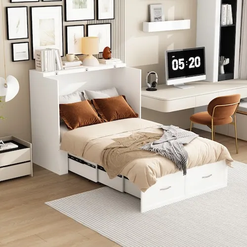 White Wood Twin Size Murphy Bed Chest with Storage Drawer, Built-In Power Strip and Casters