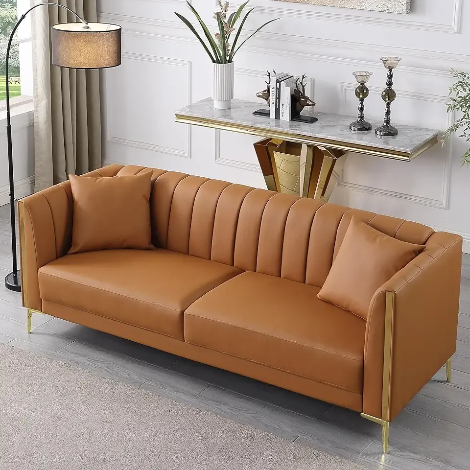 FOTOSOK 78'' Couch Sofa, Modern Leather Couches for Living Room, Comfy, Faux Leather Sofa 3 Seater Sofa with 2 Throw Pillows and Gold Metal Legs, Deep Seat Sofas (Brown)