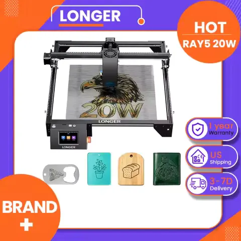 LONGER RAY5 20W Laser Engraver with 0.08×0.1mm Ultra-Fine Laser Spot, 3.5" Touchscreen, Multi-Color Engraving, WiFi/App Control, 5 Safety Protections, LightBurn Compatible CNC Laser Cutter for Wood, Metal & Acrylic, 375x375 mm Working Area