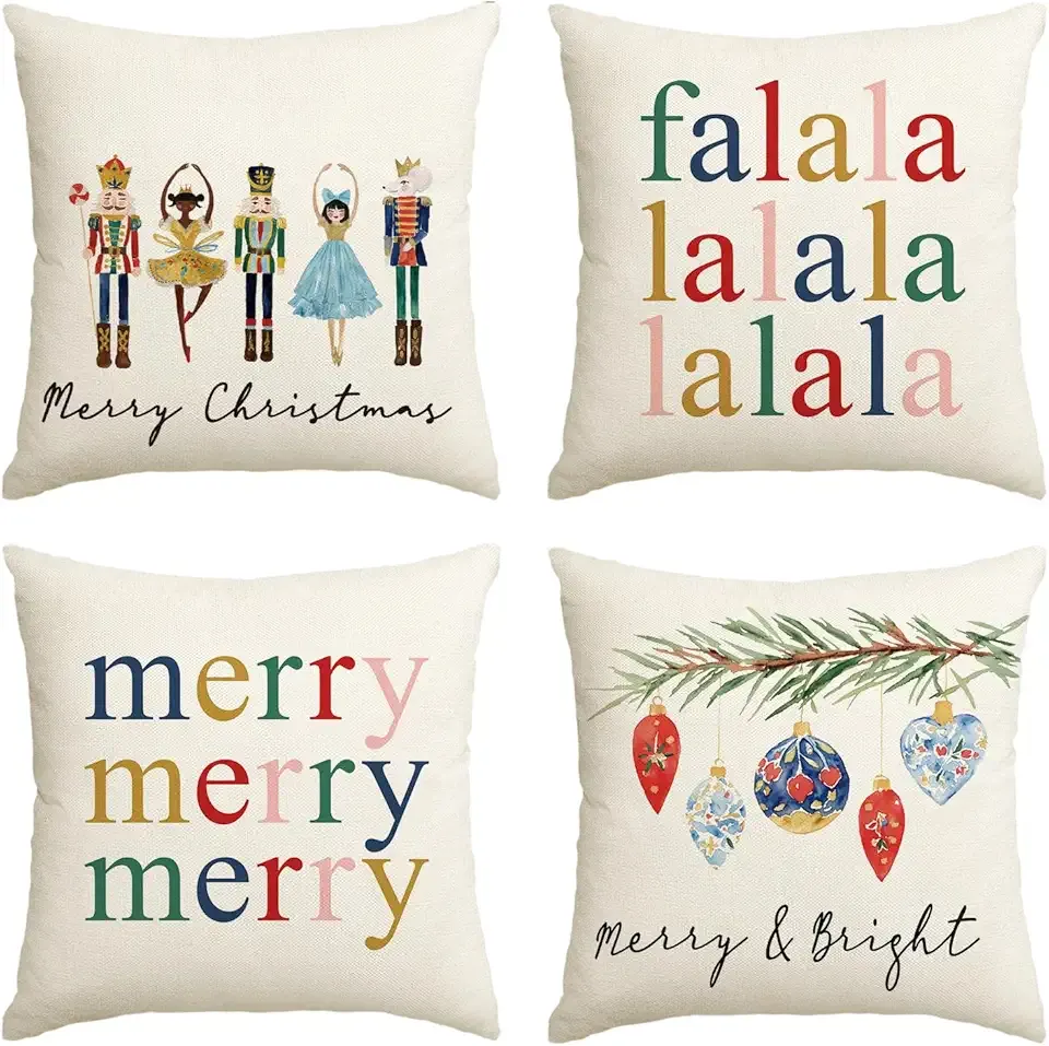 AVOIN colorlife Merry Christmas Nutcracker Throw Pillow Covers, 18 x 18 Inch Winter Holiday Party Cushion Case Decoration for Sofa Couch Set of 4
