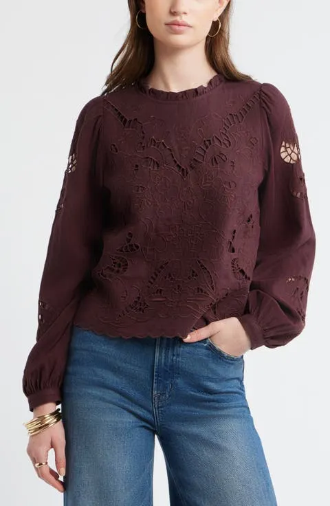 Open Floral Cutwork Linen Blend Top